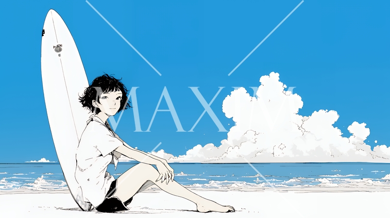 若い女性サーファーと夏のビーチの風景（シンプルな色使い）
