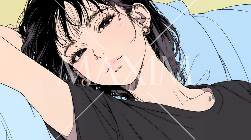 楽：リラックスした顔をしている若い女性