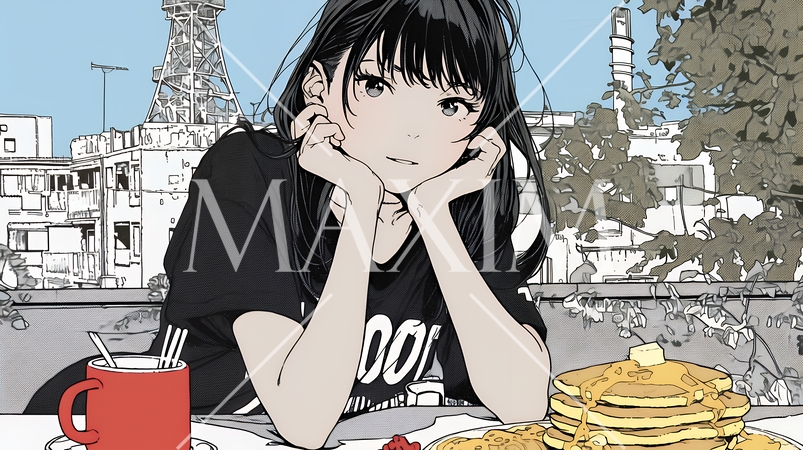 早朝のダイナー（喫茶店）でパンケーキ（モーニングセット）を食べる若い女性