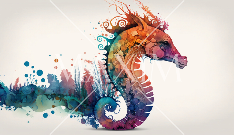 タツノオトシゴ：カラフルでサイケデリックでシュールレアリズム的な水彩画