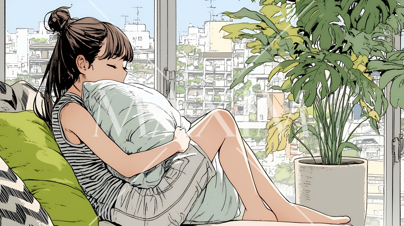 ソファでクッションを抱えてくつろぐ若い女性