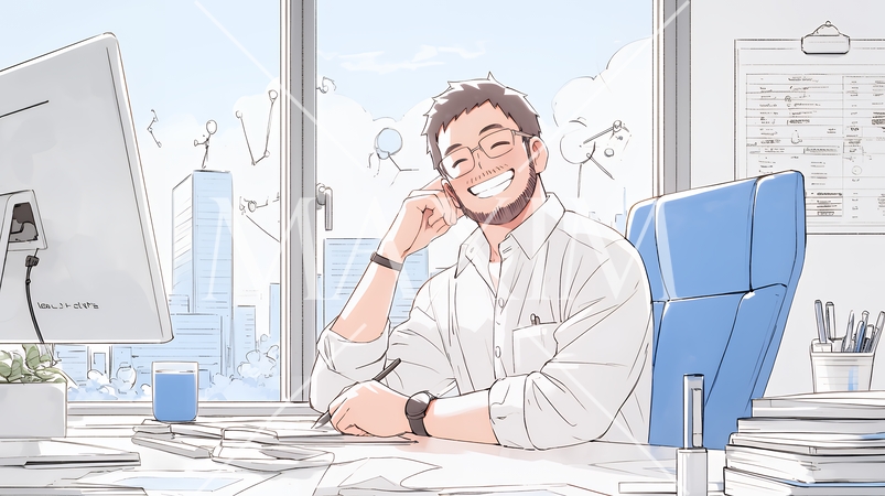 自席で訪問者と笑顔で会話をしているビジネスパーソン（シンプルな色使い）