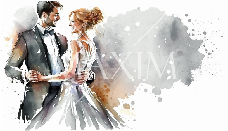 ウェディングダンス： 新郎新婦がボールルームダンスを踊る場面。華やかでロマンチックな雰囲気。