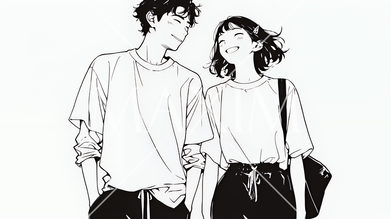 希望に満ちたライフスタイルを過ごす若いカップル：未来を見つめている（シンプルな色使い）