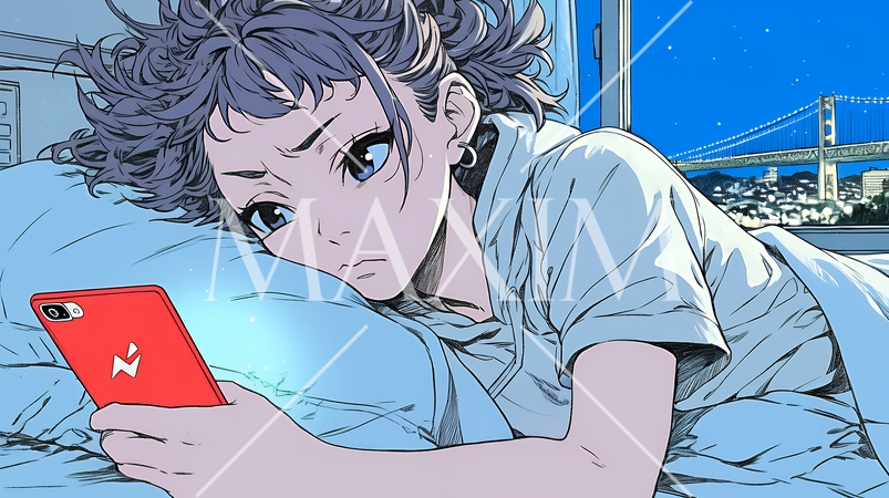 寝ようとしているときに嫌なメールを受け取り、不快そうな若い女性