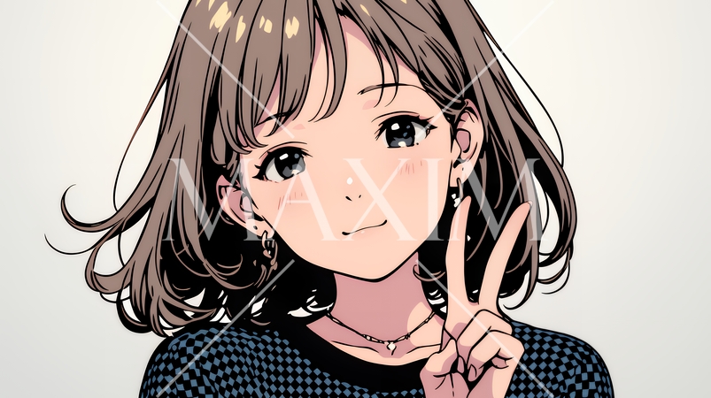 笑顔でピースサインを見せる若い女性