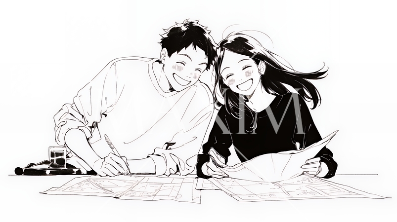 仲良く二人で旅行の計画を立てている若いカップル（シンプルな色使い）