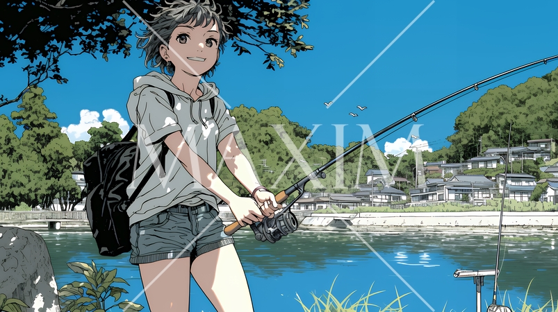 岸から魚釣りを楽しむ若い女性｜渓流・自然・アウトドア・ライフスタイル