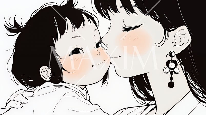 赤ん坊と母親（シンプルな色使い）