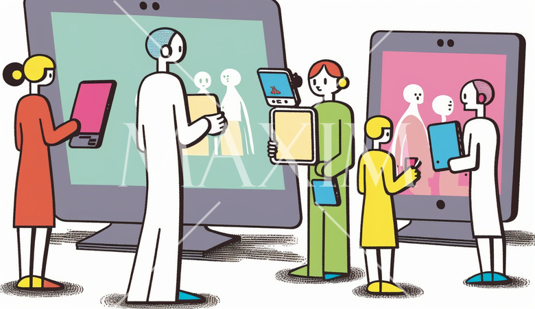 コンピューターと人間の交流：人がデバイスを操作する、情報交換の様子。漫画風。