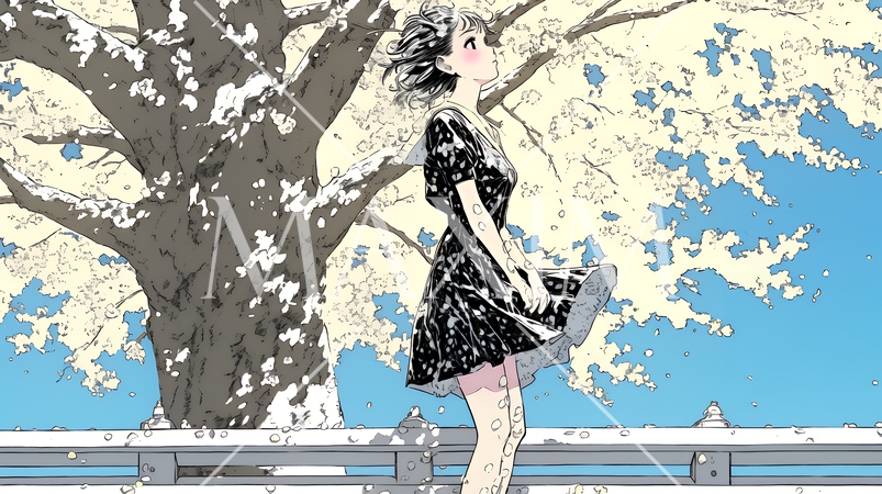 満開の桜の木の下を歩く若い女性