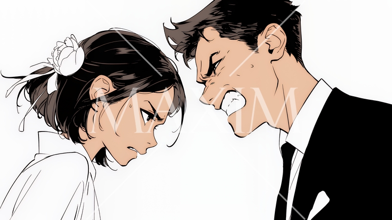 オフィスで言い争いをしているビジネスパーソン（シンプルな色使い）