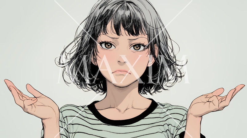 肩をすくめて困惑・諦めの仕草をしている若い女性