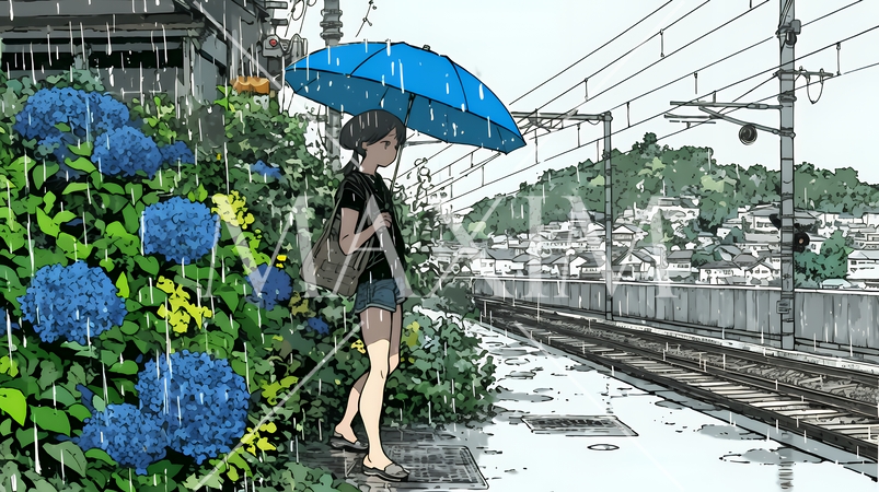 鉄道の駅のプラットフォームに植えられた満開のあじさいと梅雨の雨と若い女性