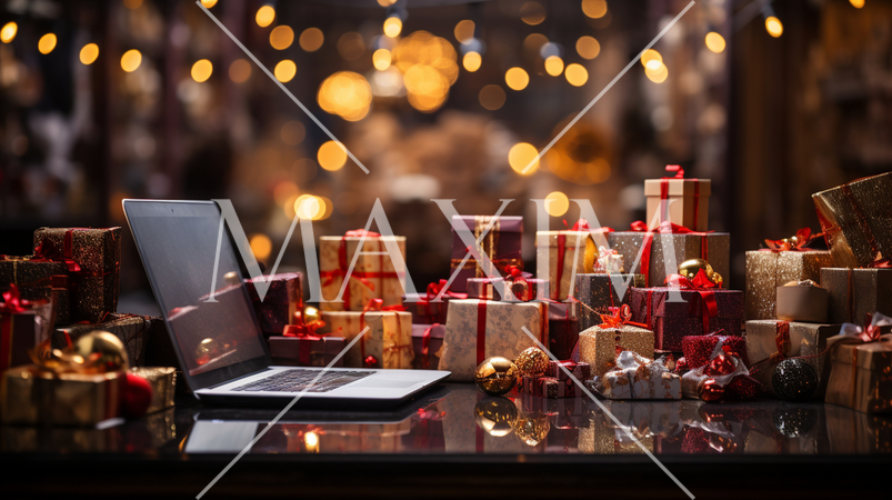 多くのクリスマスプレゼントとPCがある風景