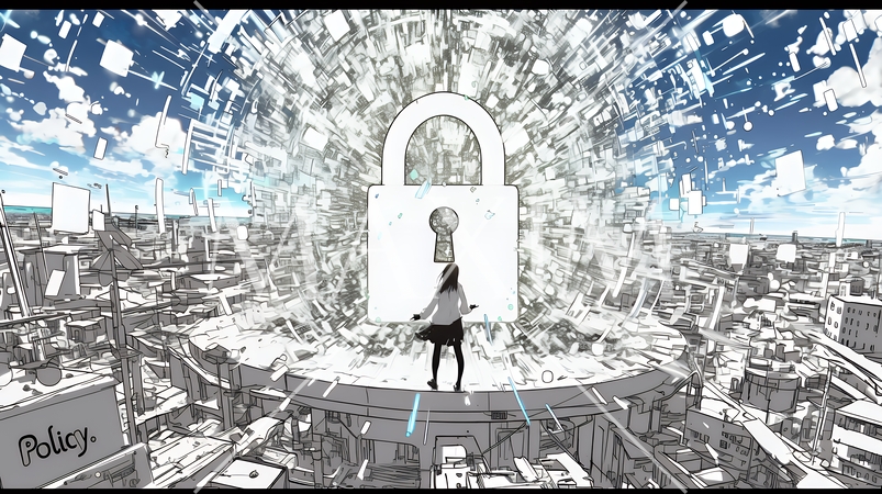 プライバシー・ポリシーやセキュリティー・ポリシーを表す堅牢な門と門番のイメージ