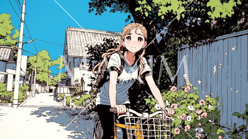 青空の下、自転車に乗る若い女性：備前市日生町の風景