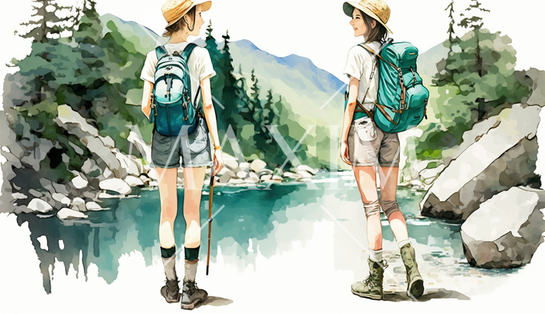 山にハイキングに来ている仲の良い若い女友達：水彩画