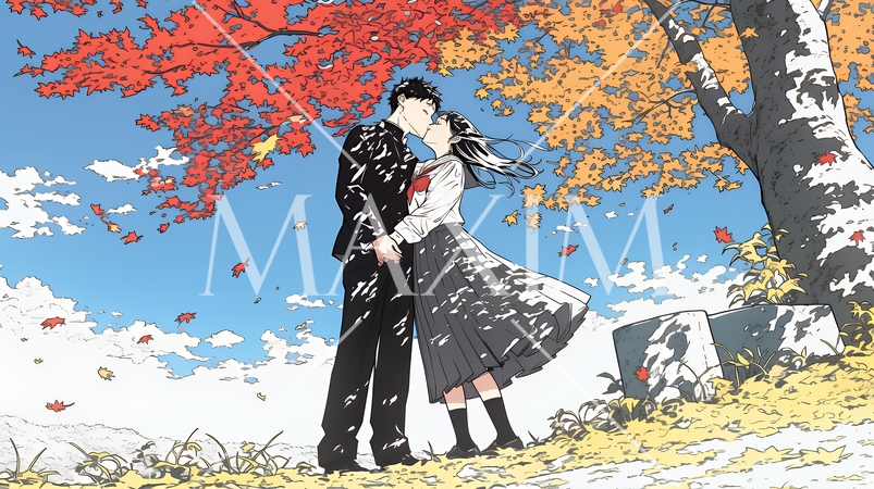 秋の紅葉の下でキスをしている若い恋人たち