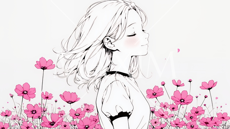 コスモス畑にいる若い女性（シンプルな色使い）