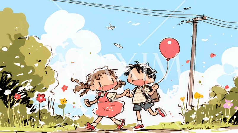 小学生の夏の思い出：初デート（クレヨン＋水彩画風）