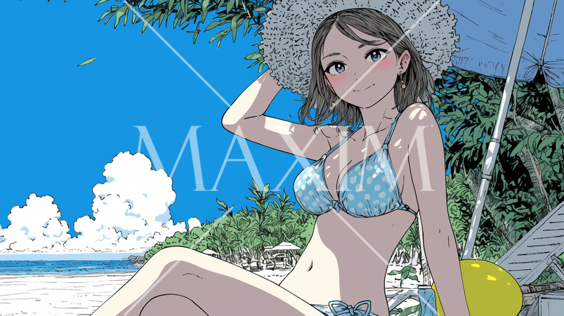 南国の海岸にビキニ姿でいる若い女性