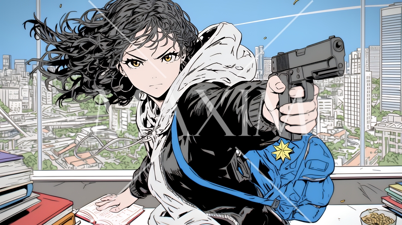 拳銃を撃つ若い女性