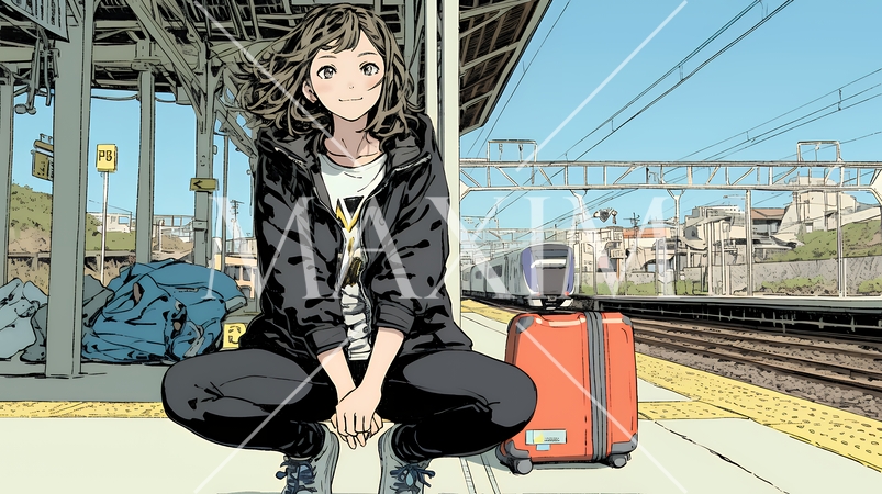 駅のホームで、なかなか来ない電車を待ちくたびれている若い女性