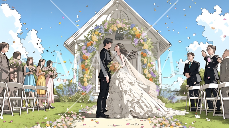 晴天の日のウェディングベルの鳴り響く中の結婚式