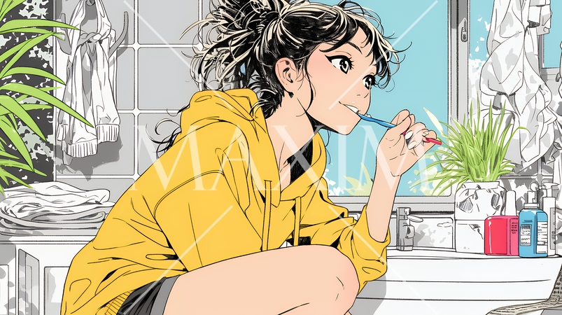 洗面所で朝の歯磨きをする若い女性