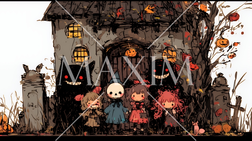 キモかわいいハロウィーンコスプレの女の子（クレヨンと水彩画風）