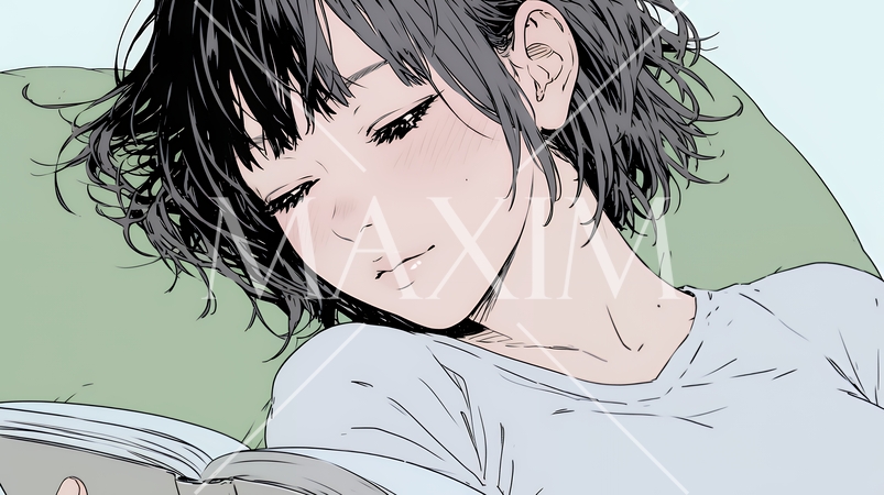 資料（本）を読みながら、うとうと眠ってしまう若い女性