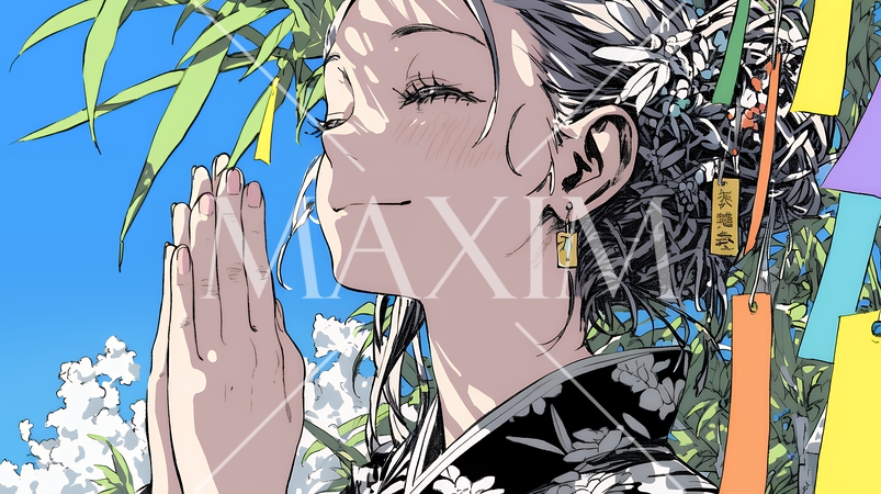 七夕飾りと和服を着た若い女性