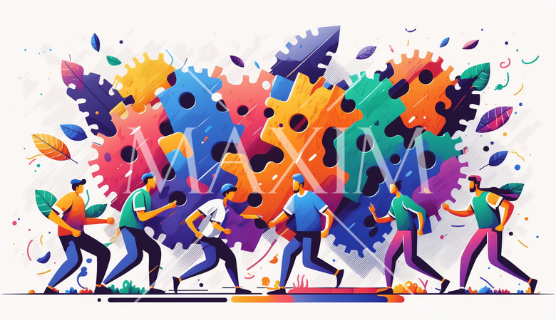 チームワーク：チームが協力してビジネスのプロジェクトに取り組む場面。