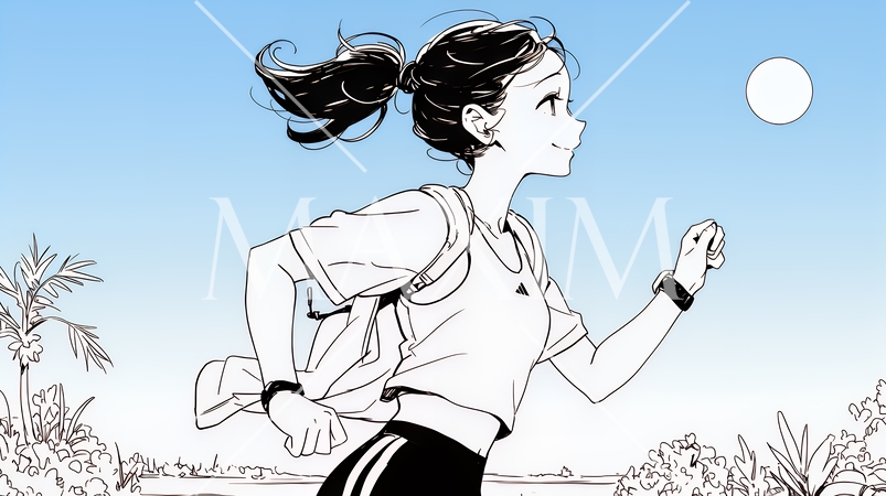 夕方の街並みを背景にジョギングをする若い女性（シンプルな色使い）