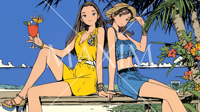 ビーチサイドのベンチで女友達とカクテルを飲んでいる若い女性