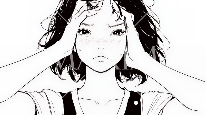 額に手を当てて「困ったな」ポーズをしている若い女性（シンプルな色使い）