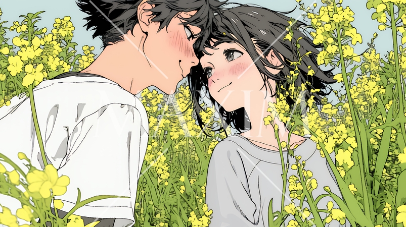 菜の花畑でデートをしている若いカップル