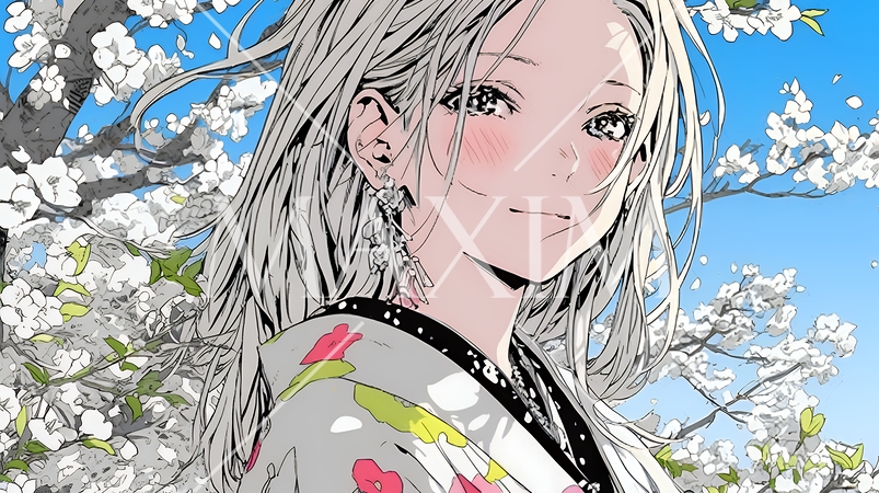 満開の梅の花と和服姿の若い女性