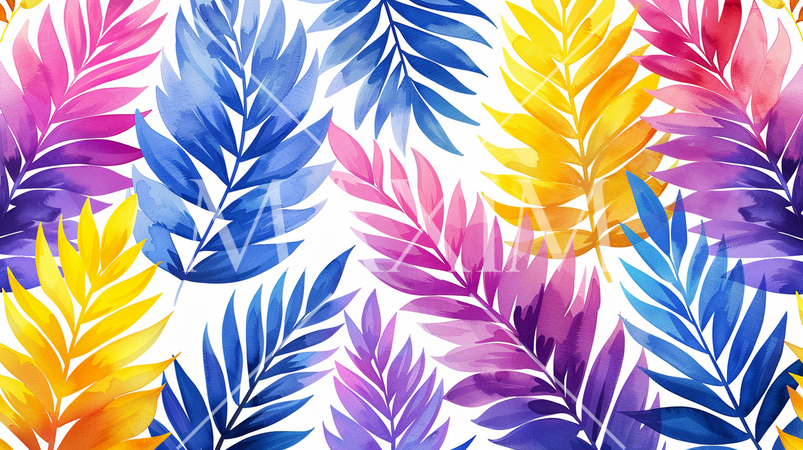 南国のカラフルな葉っぱの背景画（水彩画）