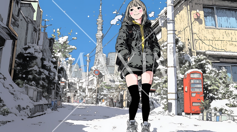 雪の積もる冬の都会を散策している若生女性