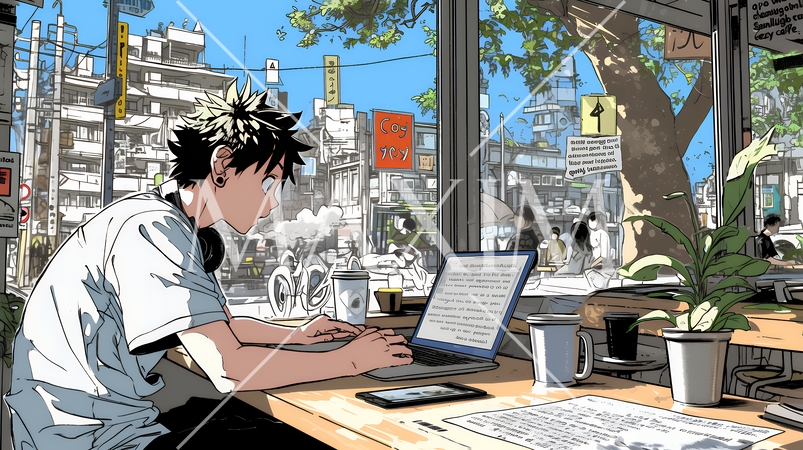 カフェでフリーランスや学生が仕事や勉強をしている