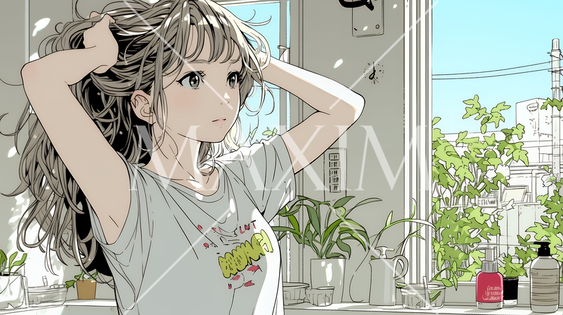 朝支度：洗面所で髪をまとめている若い女性