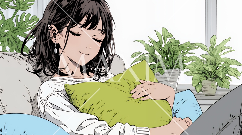 ソファでクッションを抱えてくつろぐ若い女性