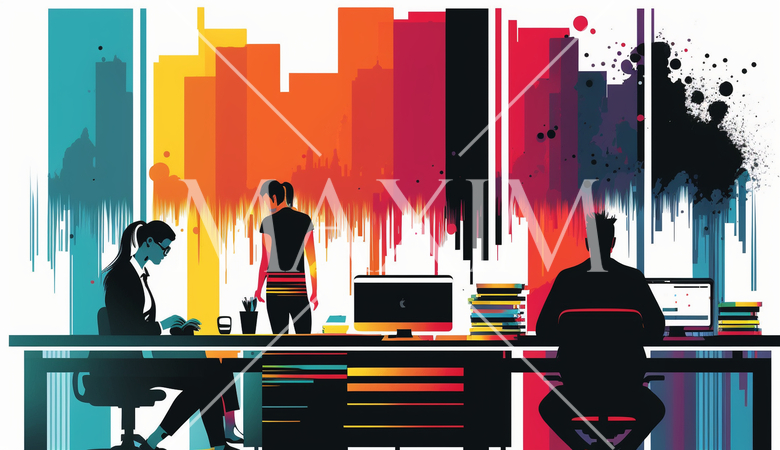 オフィス環境：オフィスでの仕事をする人々、デスクワーク、コンピューター作業。