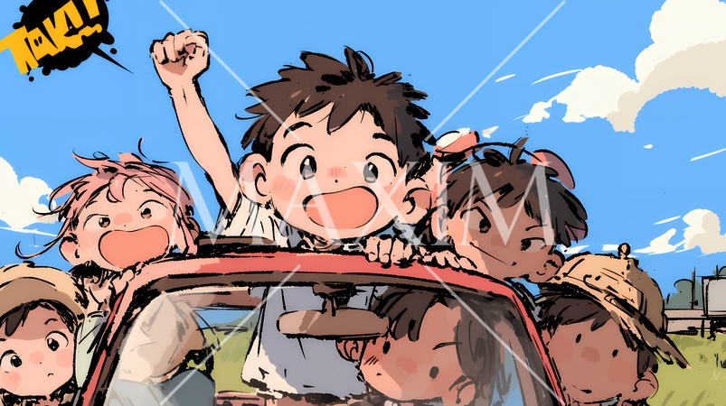 小学生の夏の思い出：ドライブ（クレヨン＋水彩画風）