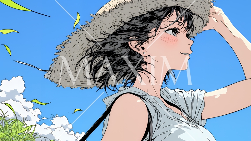 春風に飛ばされそうな帽子を、手で押さえる若い女性