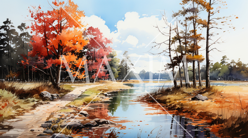 木々の紅葉が水面に映る美しい水辺の風景：水彩画