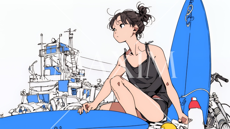 サーフボードを手入れしている若い女性（シンプルな色使い）