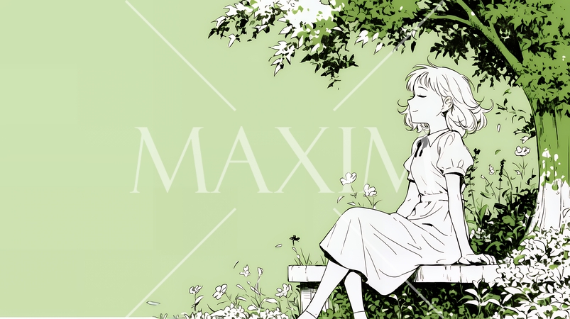 公園のベンチでひとり静かにくつろぐ若い女性（シンプルな色使い）